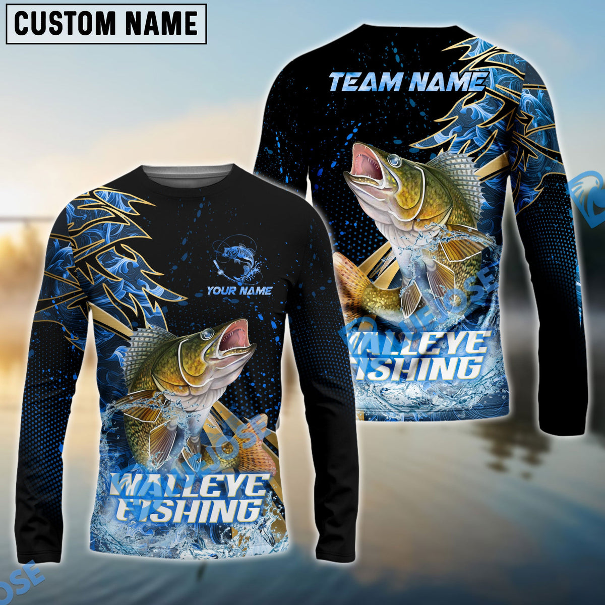 BlueJose Walleye Fishing Hooked Jump Splash Custom Name & Team Name 3D Shirts