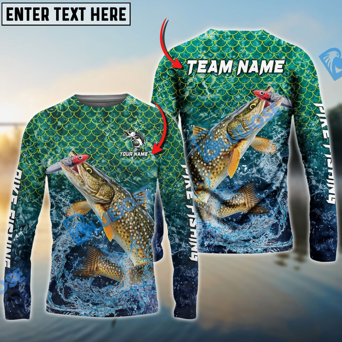 BlueJose Pike Fishing Yellow Fin Sport Custom Name & Team Name 3D Shirts