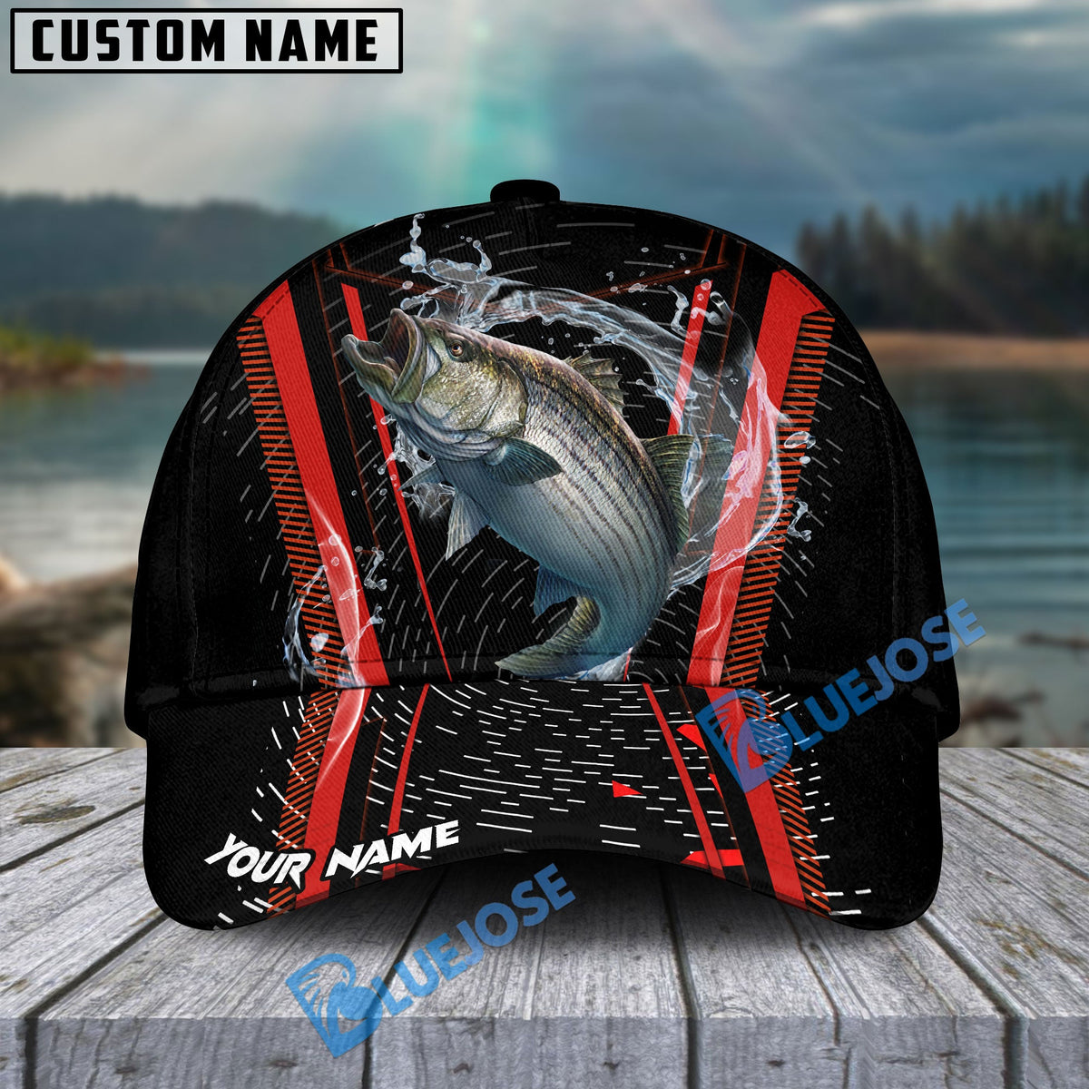 BlueJose Fishing Jumping Splash Action Red Black Tech Design Personalized Cap (13 Breeds)