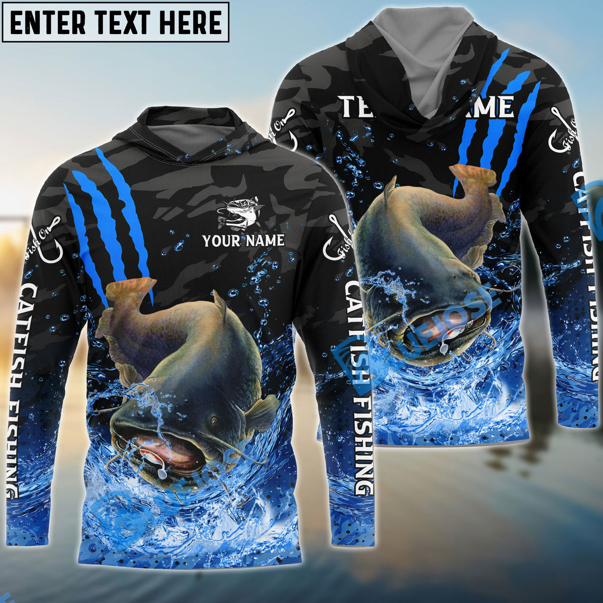 BlueJose Catfish Fishing Blue Scratch Camo Water Splash Custom Name & Team Name 3D Shirts