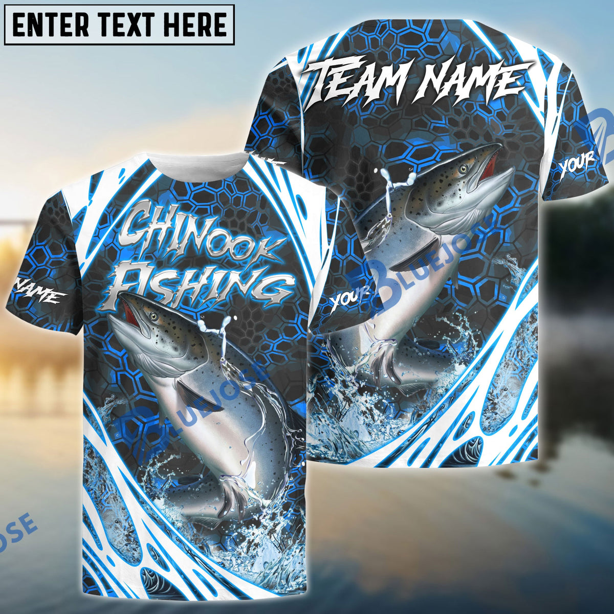 BlueJose Chinook Salmon Fishing Modern Hexagon Water Splash Custom Name & Team Name 3D Shirts