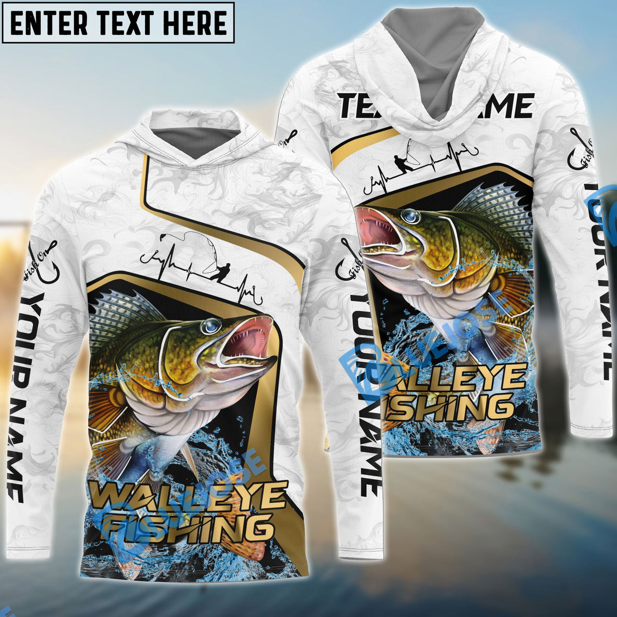 BlueJose Walleye Fishing White Marble & Gold Trim Splash Heartbeat Line Custom Name & Team Name 3D Shirts