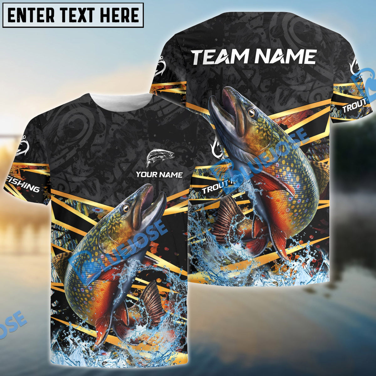 BlueJose Trout Fishing Black Gold Splash Dynamic Pattern Custom Name & Team Name 3D Shirts