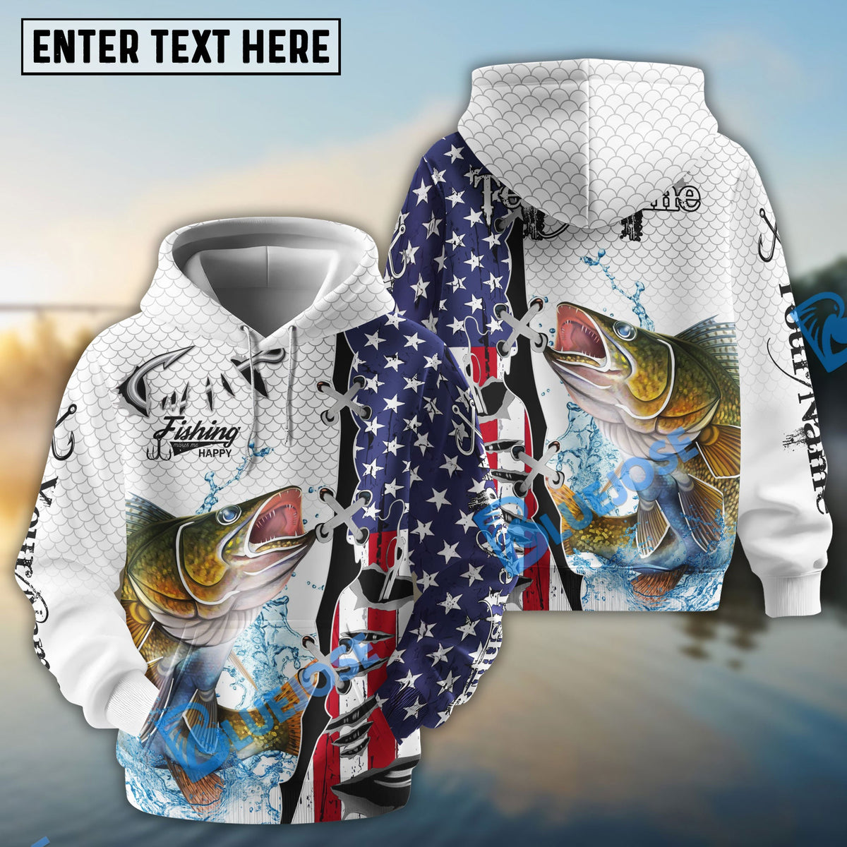 BlueJose Walleye Fishing American Flag Splash Custom Name & Team Name 3D Shirts