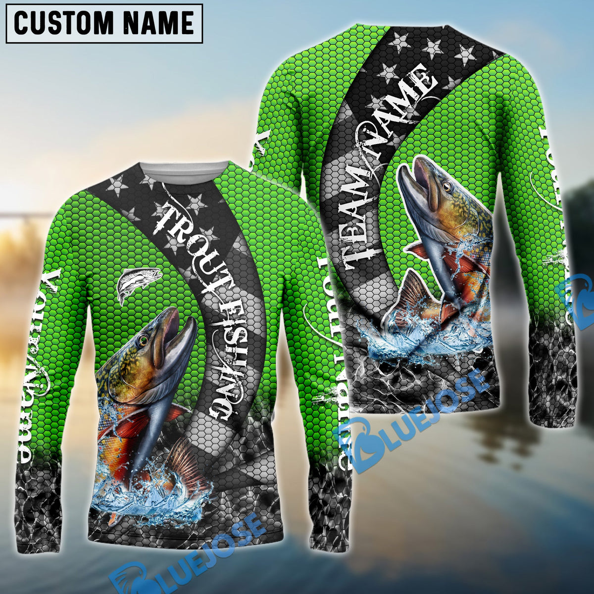 BlueJose Trout Fishing American Flag Green Stars Custom Name & Team Name 3D Shirts
