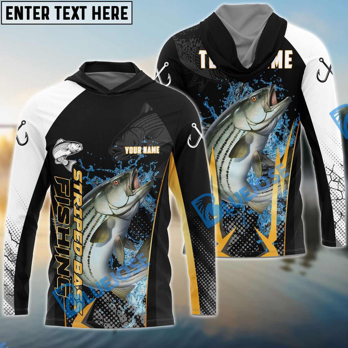 BlueJose Striped Bass Fishing Black Gold Design Pattern Custom Name & Team Name 3D Shirts
