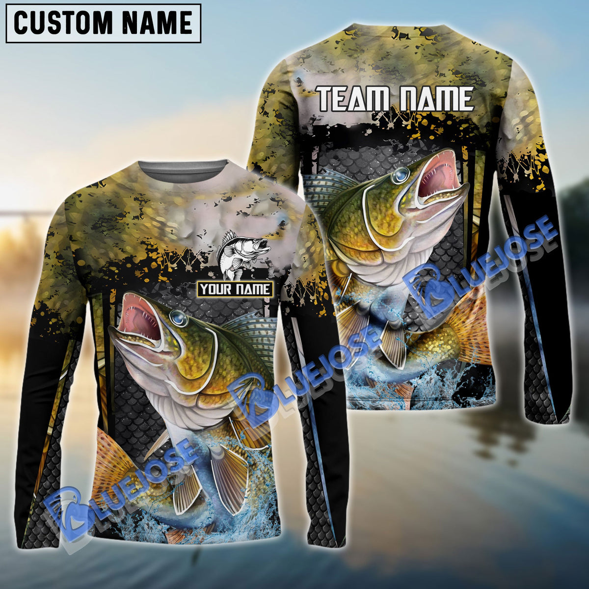 BlueJose Walleye Fishing Skinfish Trophy Fish Pattern Custom Name & Team Name 3D Shirts