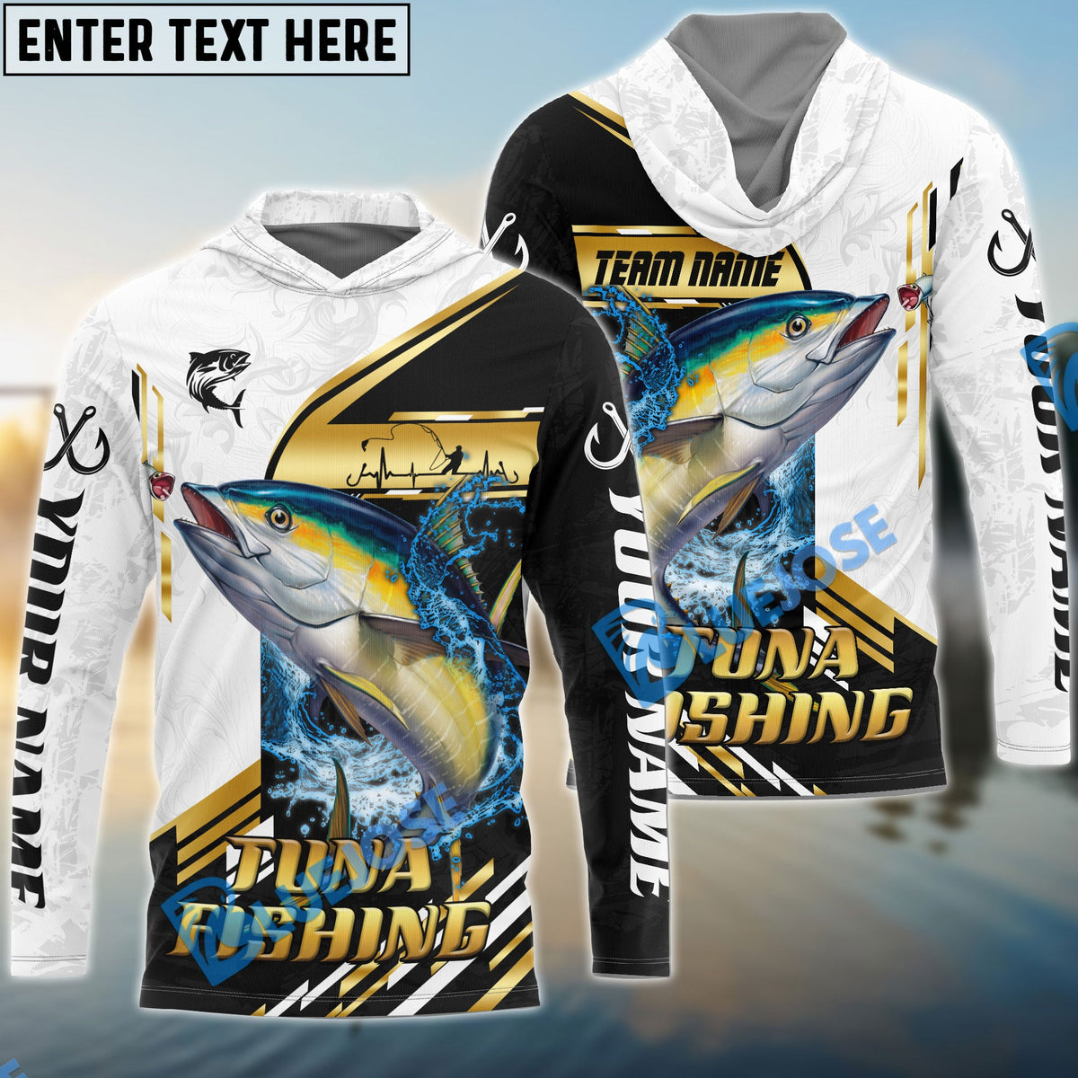 BlueJose Tuna Fishing Hook Graphic & Jumping Fish Art Custom Name & Team Name 3D Shirts