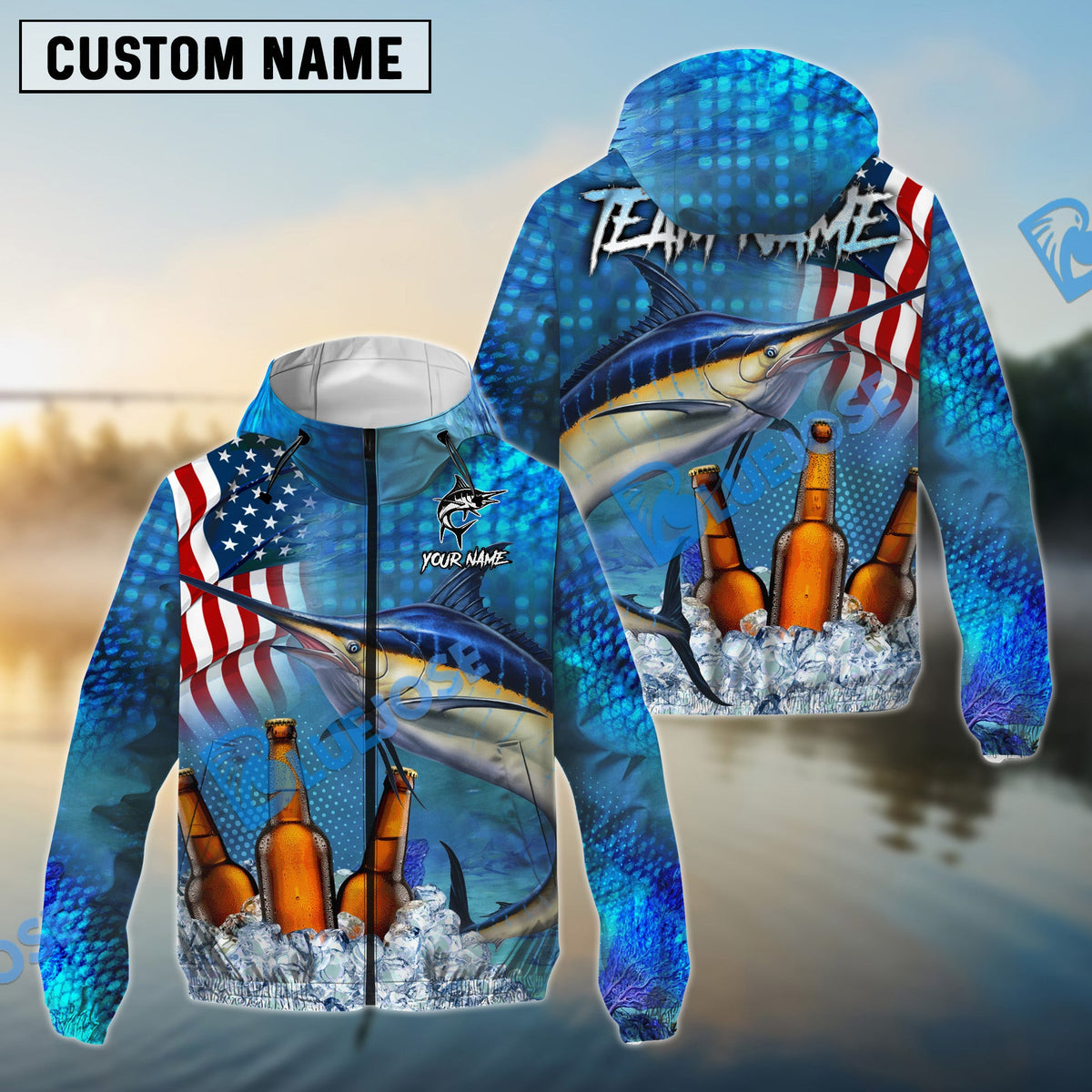 BlueJose Marlin Fishing Beer USA Flag Custom Name & Team Name Shirts
