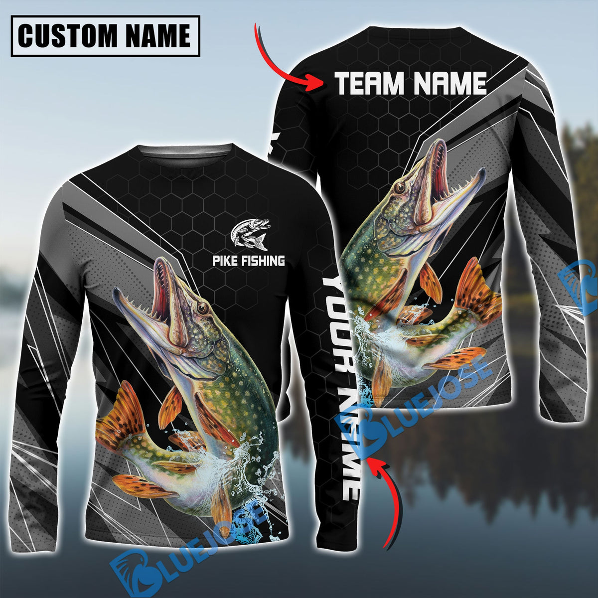 BlueJose Pike Fishing Sport Jersey Personalized Name Long Sleeve Shirt