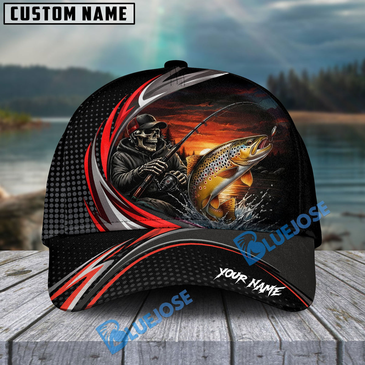 BlueJose Fishing Skull Angler Red Wave Personalized Name Classic 3D Cap (13 Breeds)