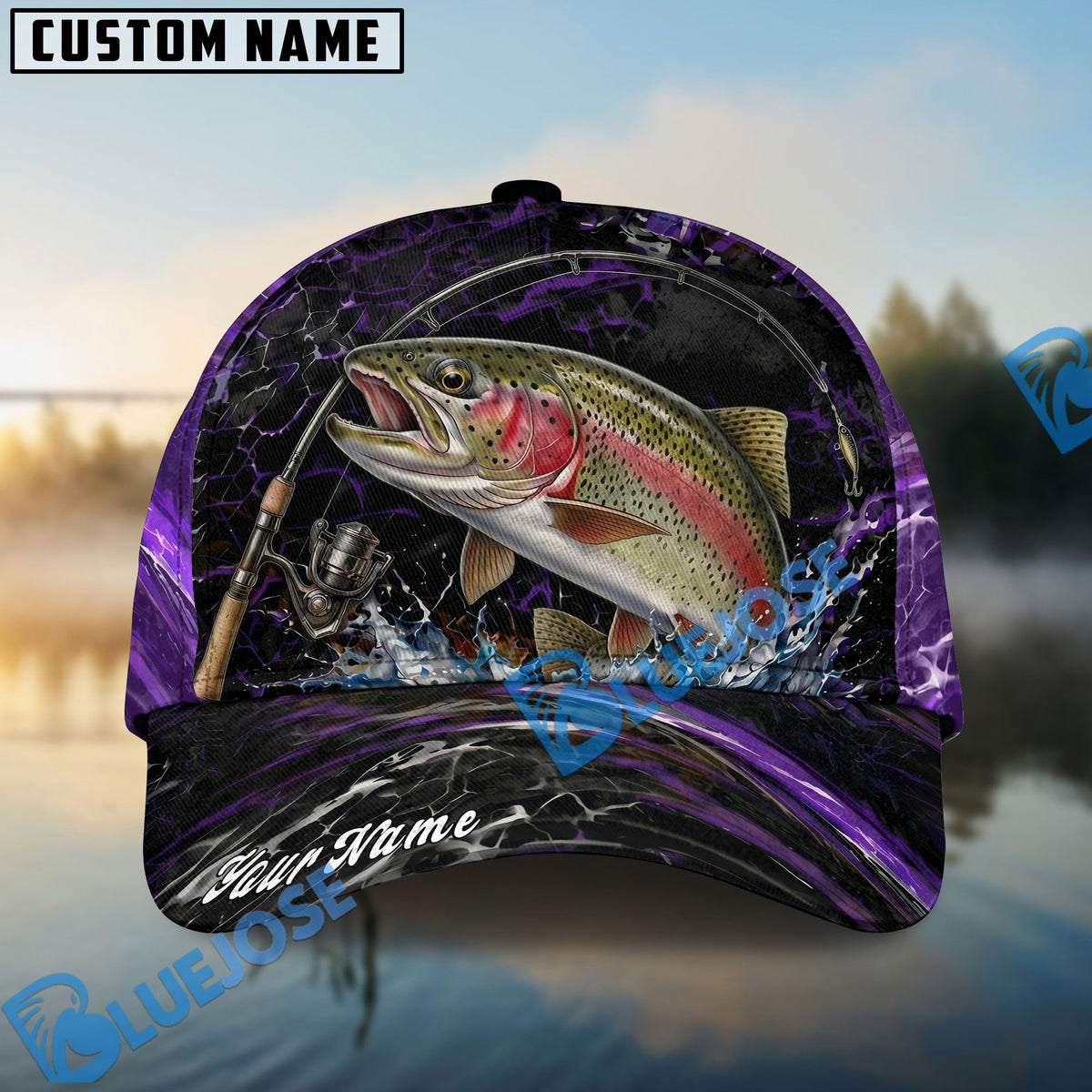 BlueJose Fishing Purple Lightning Rod Splash Personalized Name Classic 3D Cap Personalized Cap (13 Breeds)