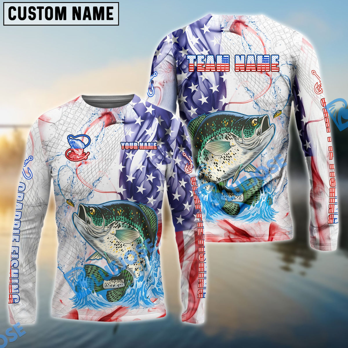 BlueJose Crappie Fishing US Flag Pattern Design Name & Team Name 3D Shirts