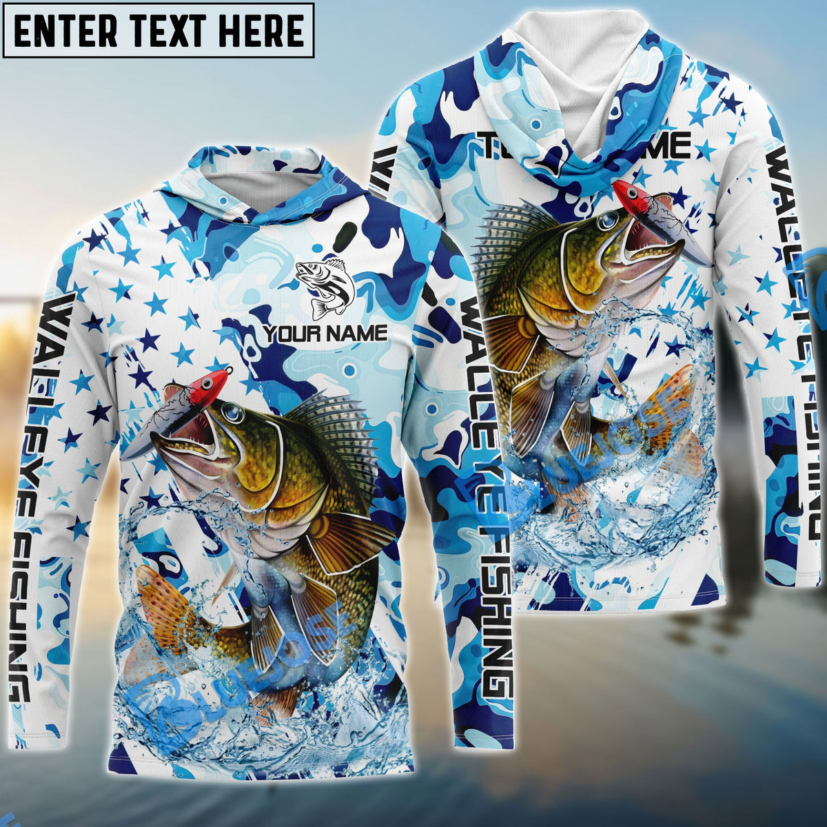 BlueJose Walleye Fishing Blue White American Flag Custom Name & Team Name 3D Shirts