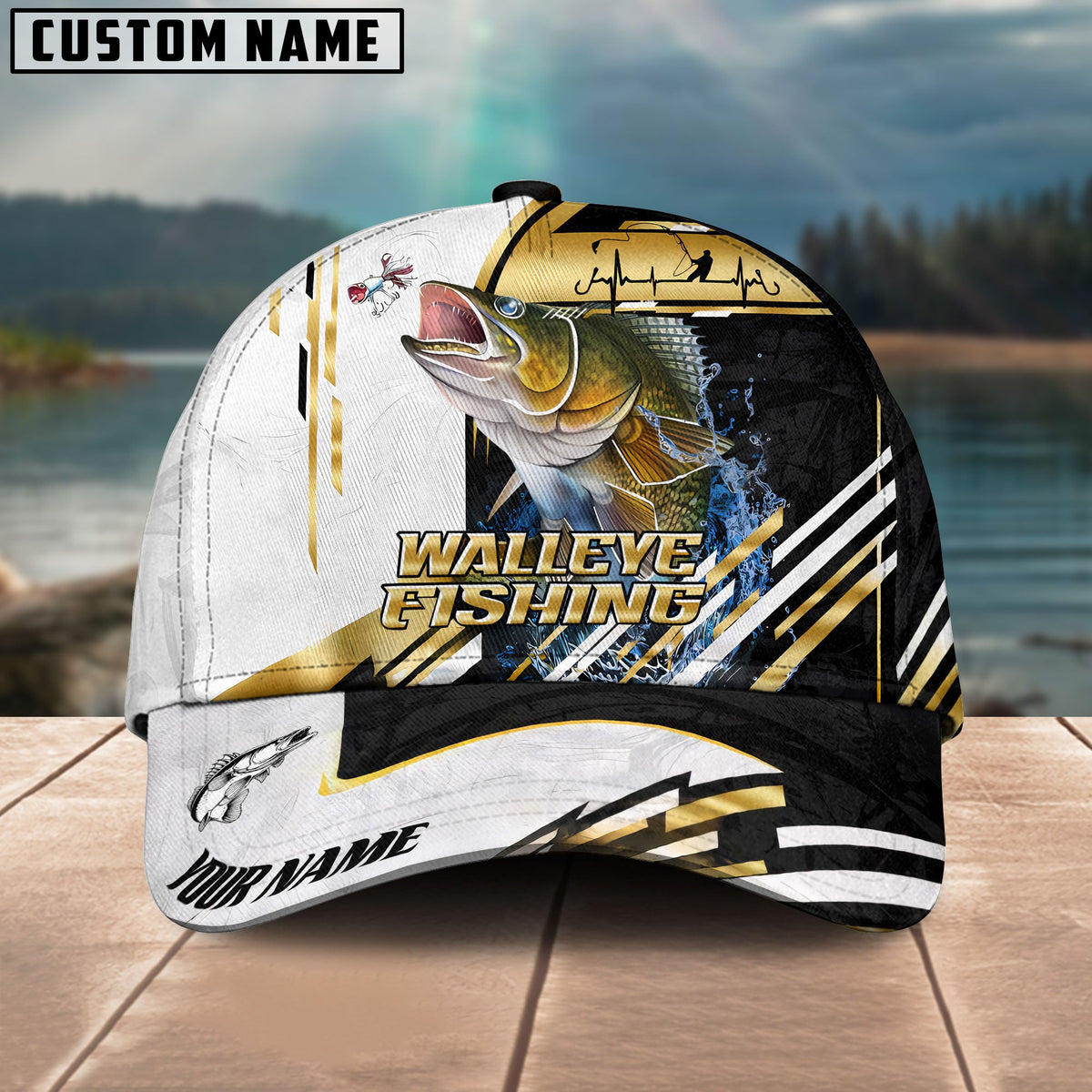 BlueJose Fishing Hook Graphic & Jumping Fish Art Personalized Cap (Tuna, Marlin, Mahi-Mahi, Pike, Bass, Walleye, Trout, Crappie)