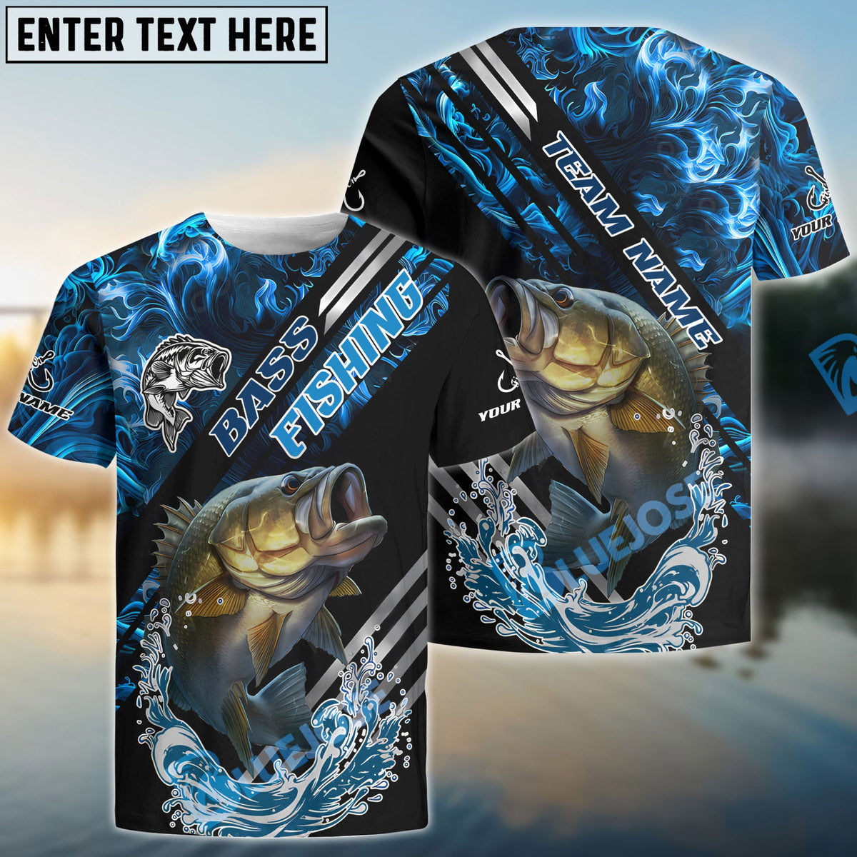 BlueJose Bass Fishing Blue Smoke Water Pattern Custom Name & Team Name 3D Shirts