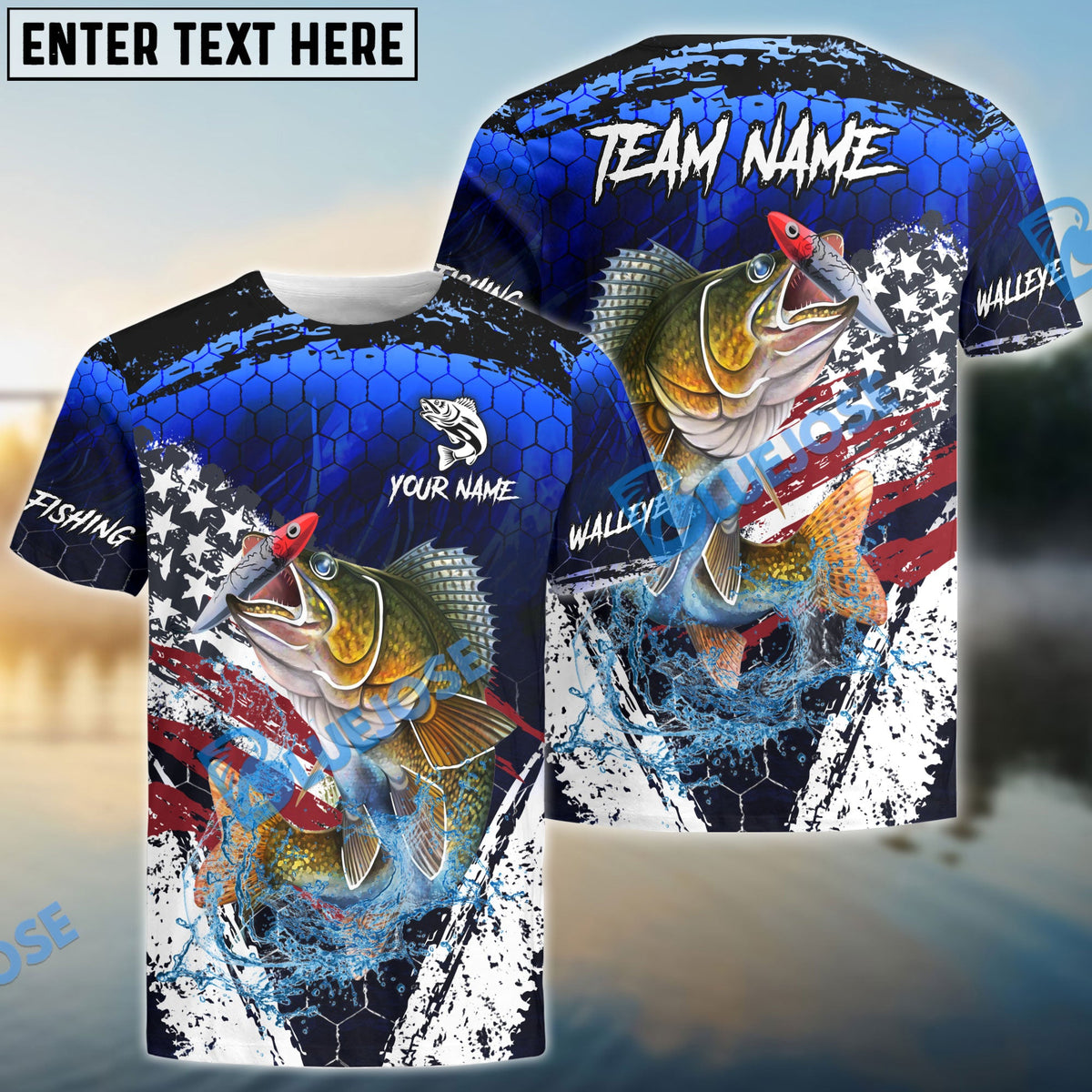 BlueJose Walleye Fishing Dark Blue Scratch American Flag scratch Sport Custom Name & Team Name 3D Shirts