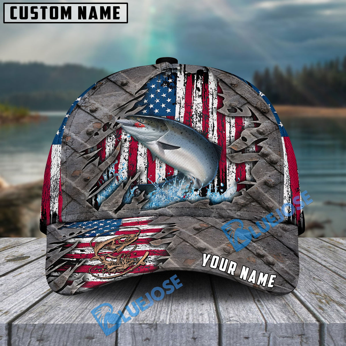 BlueJose Salmon Fishing US Flag Personalized Cap
