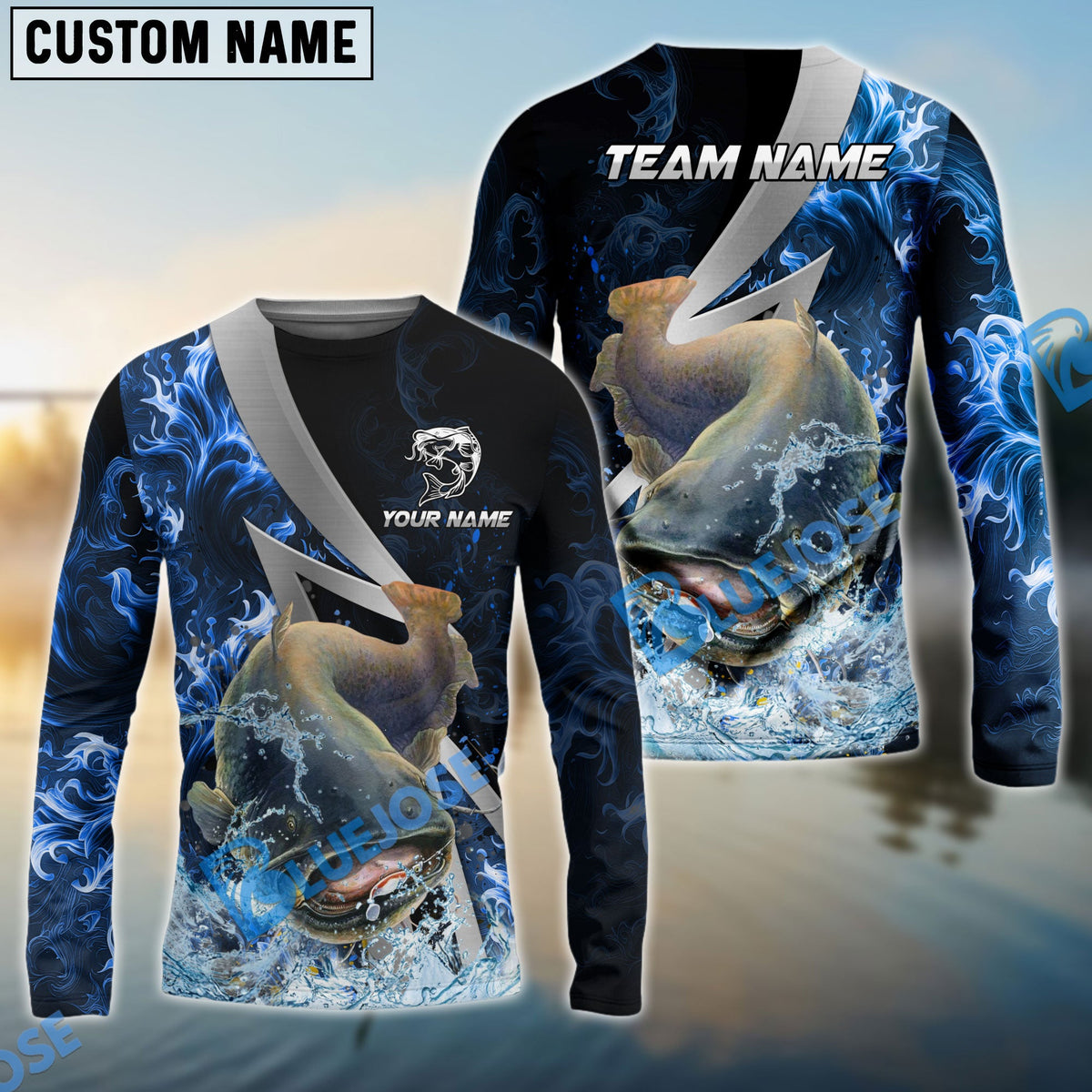 BlueJose Catfish Fishing Blue Fire Splash Custom Name & Team Name 3D Shirts