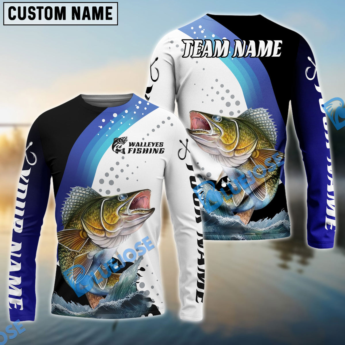 BlueJose Walleye Fishing Sun Protection Jersey Blue Camo Pattern Personalized Name And Team Name Long Sweat Shirt