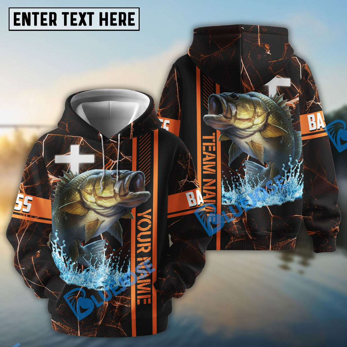 BlueJose Bass Fishing Orange Cross Pattern Custom Name & Team Name 3D Shirts