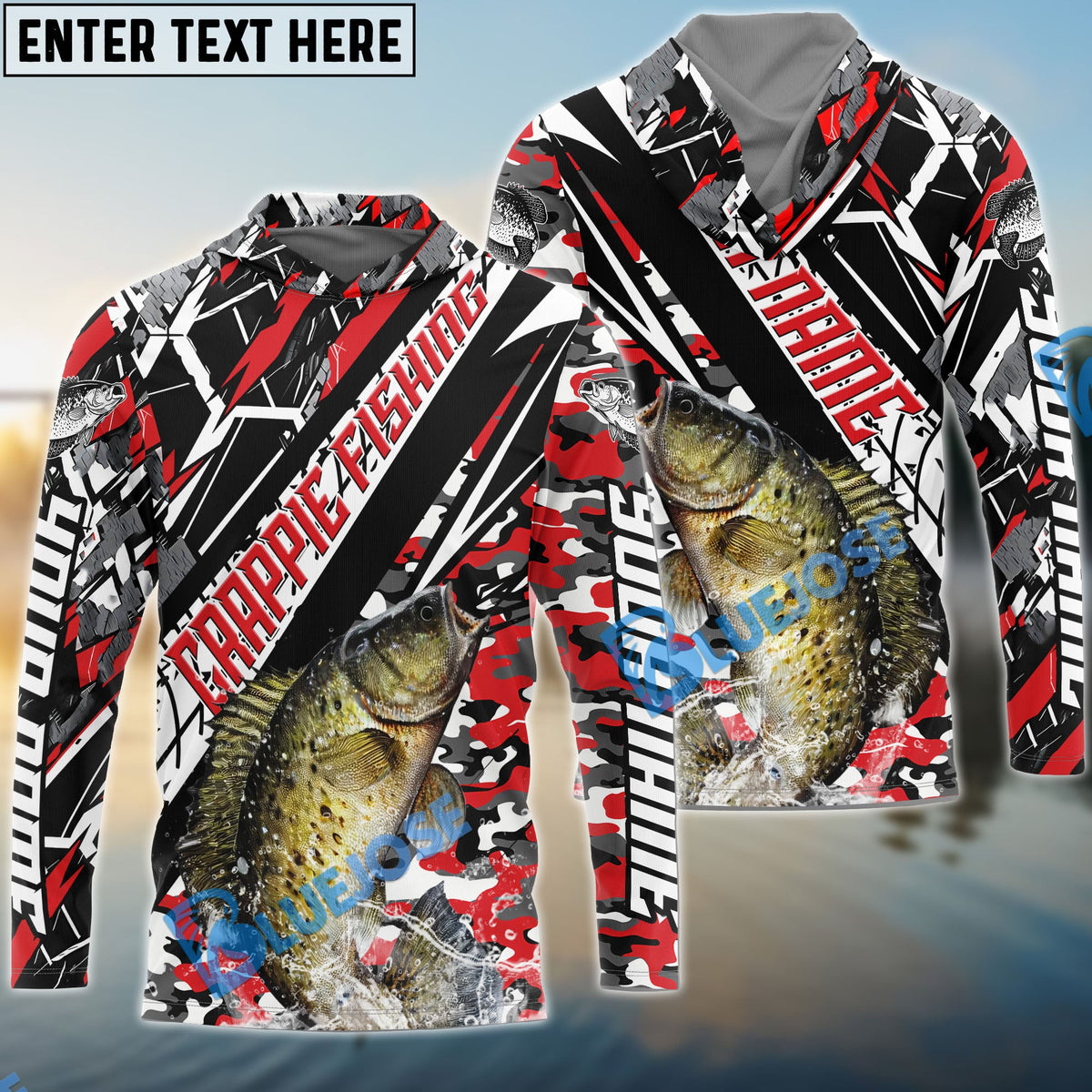 BlueJose Crappie Fishing Red Grunge Camo Custom Name & Team Name 3D Shirts