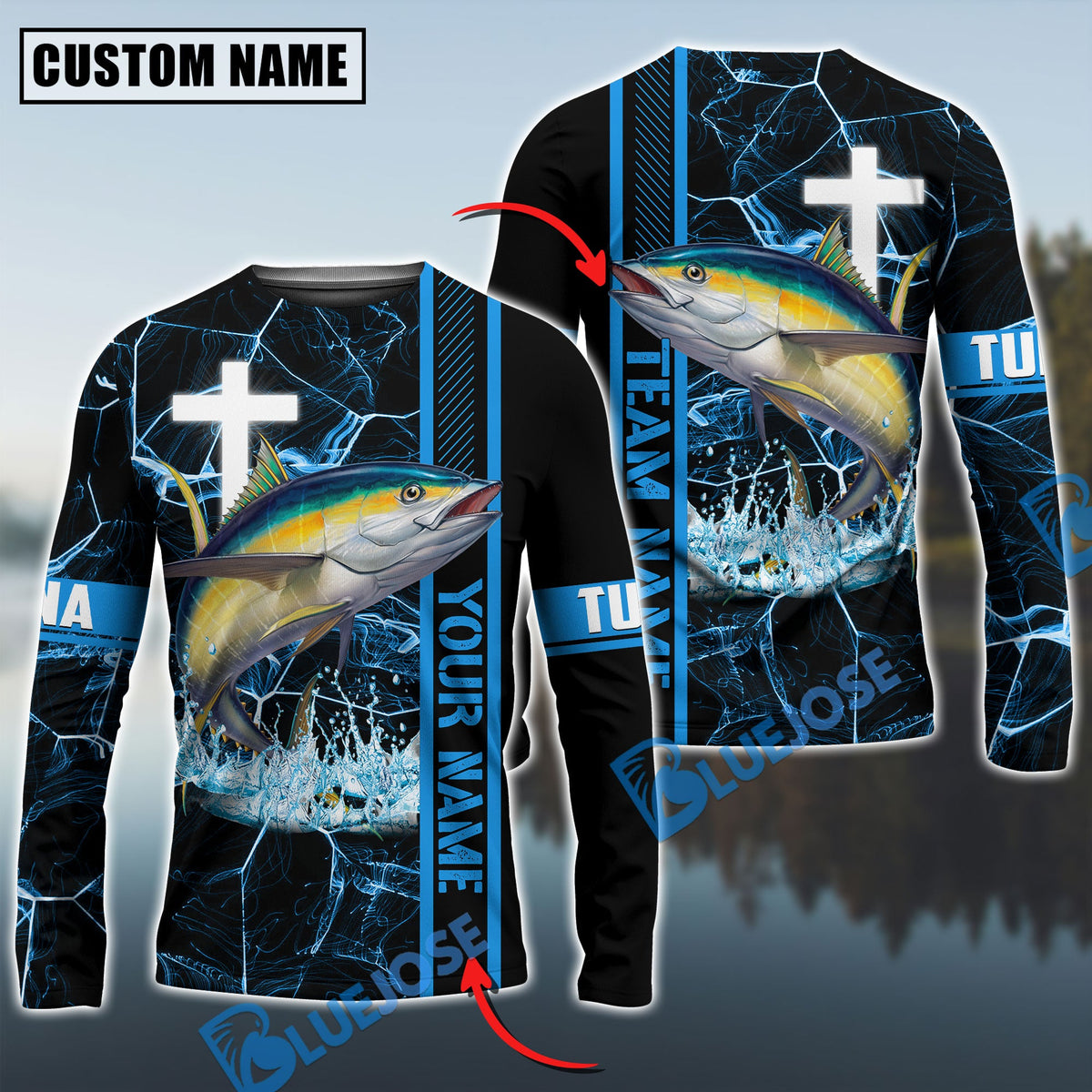 BlueJose Tuna Fishing Blue Cross Pattern Custom Name & Team Name 3D Shirts