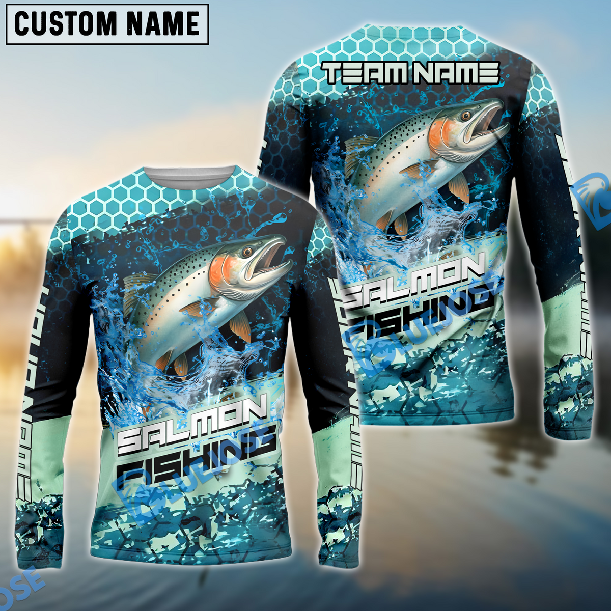 BlueJose Salmon Fishing Aqua Strike Custom Name & Team Name 3D Shirts