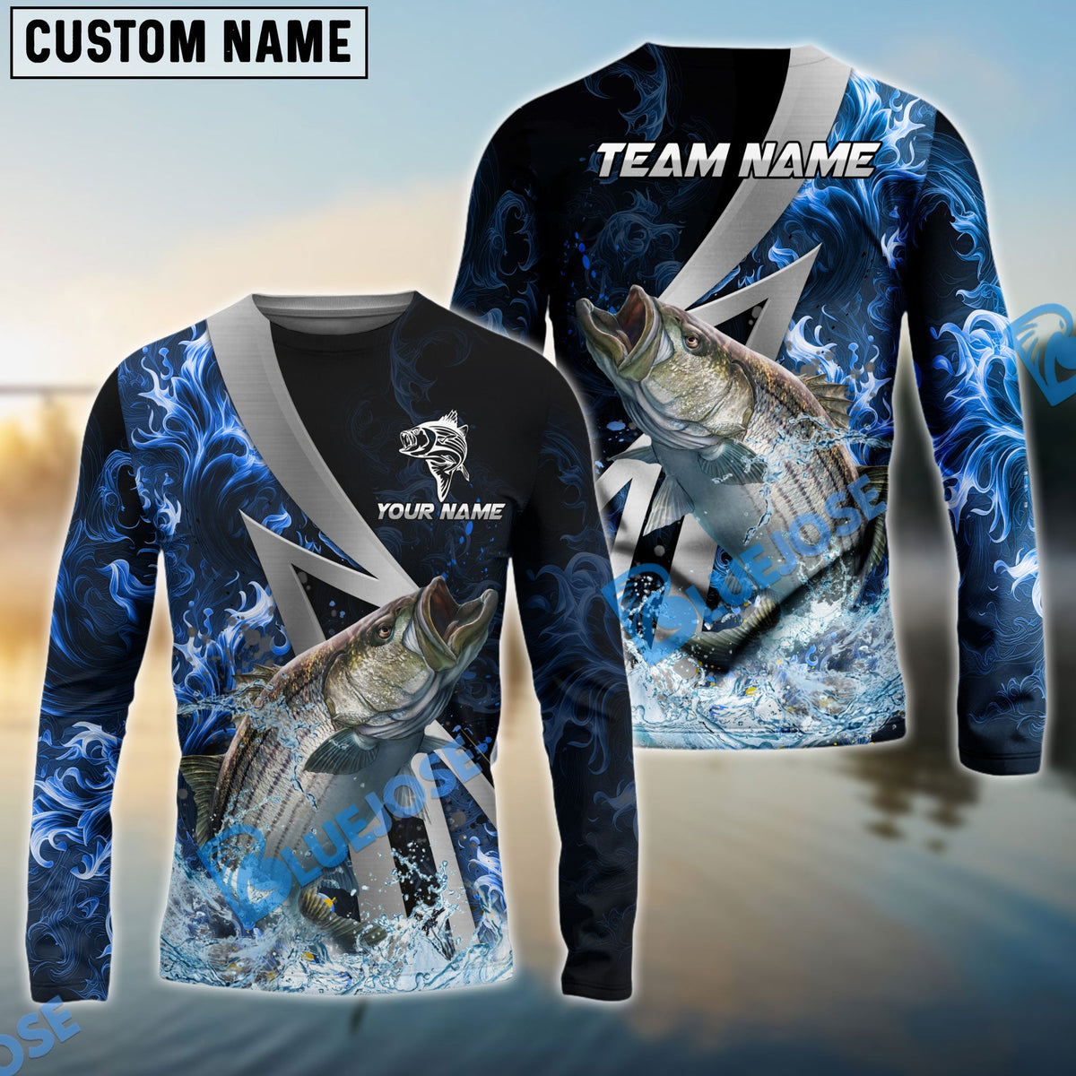 BlueJose Striped Bass Fishing Blue Fire Splash Custom Name & Team Name 3D Shirts