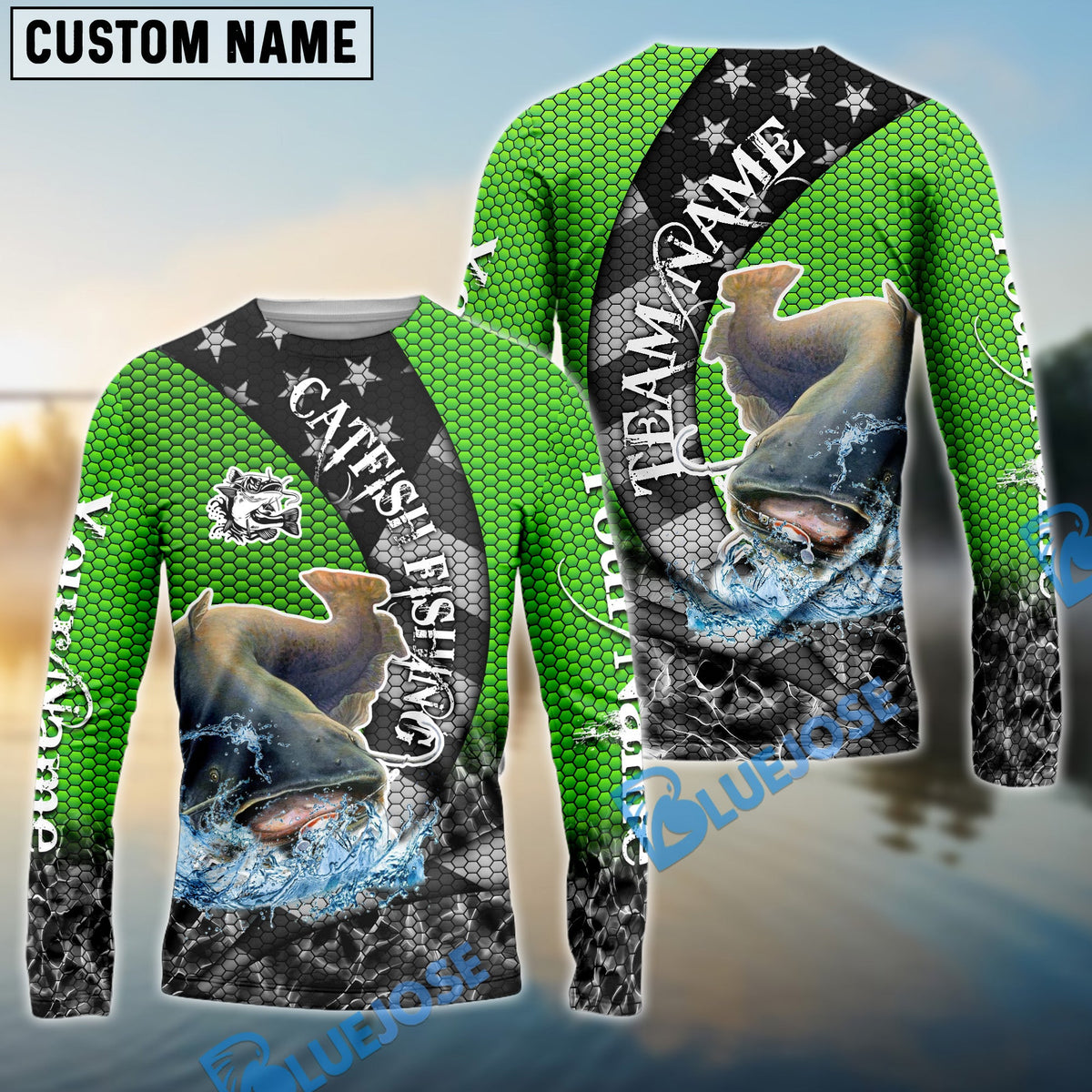 BlueJose Catfish Fishing American Flag Green Stars Custom Name & Team Name 3D Shirts