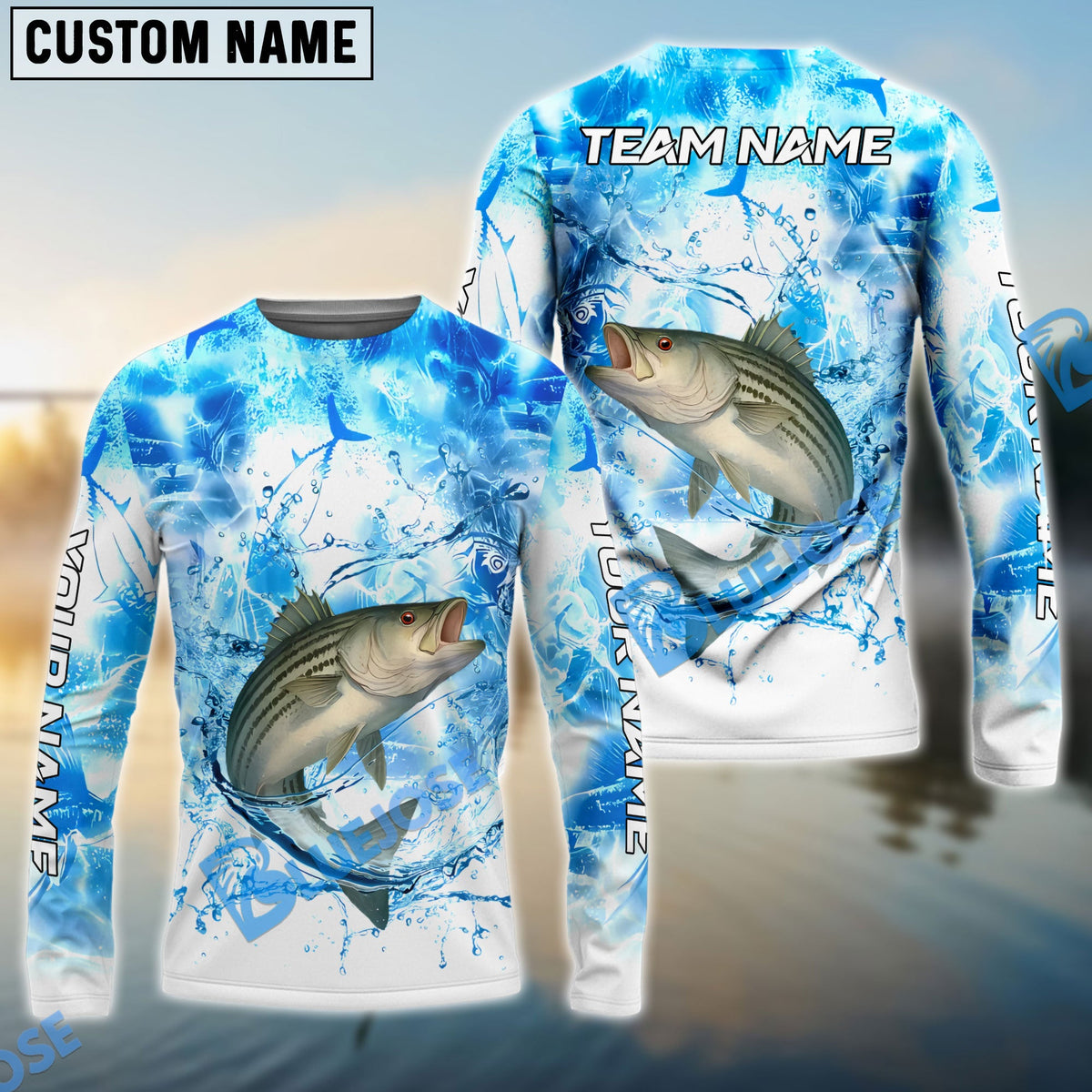 BlueJose Striped Bass Fishing Blue Sea Catching Design Name & Team Name 3D Shirts
