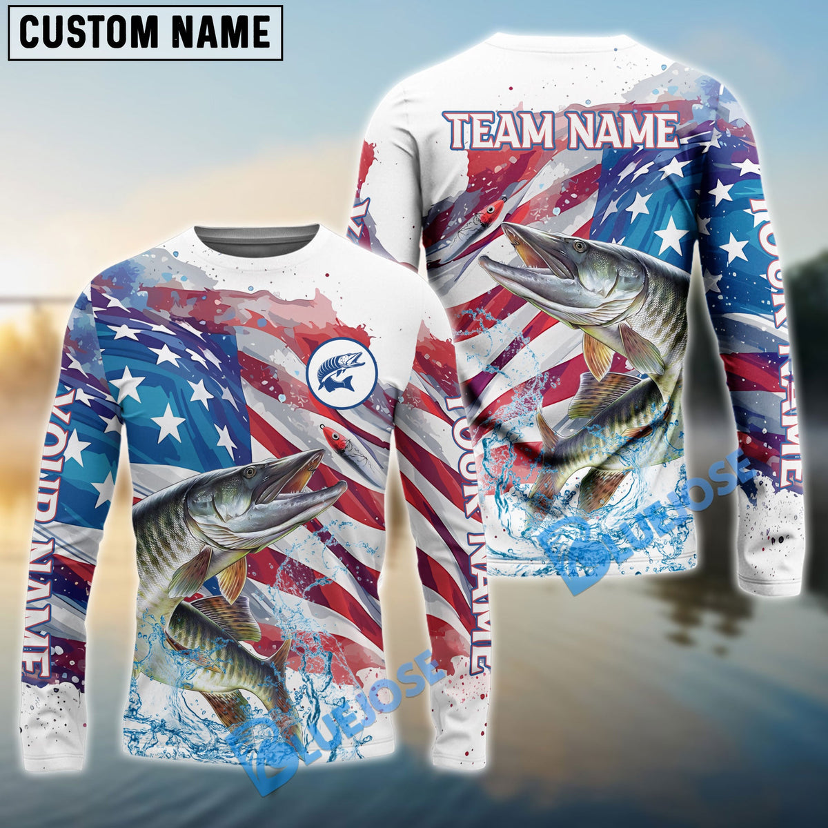 BlueJose Musky Fishing Watercolor USA Flag Custom Name & Team Name Shirts