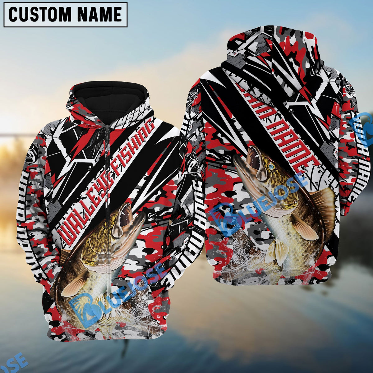 BlueJose Walleye Fishing Red Grunge Camo Custom Name & Team Name 3D Shirts