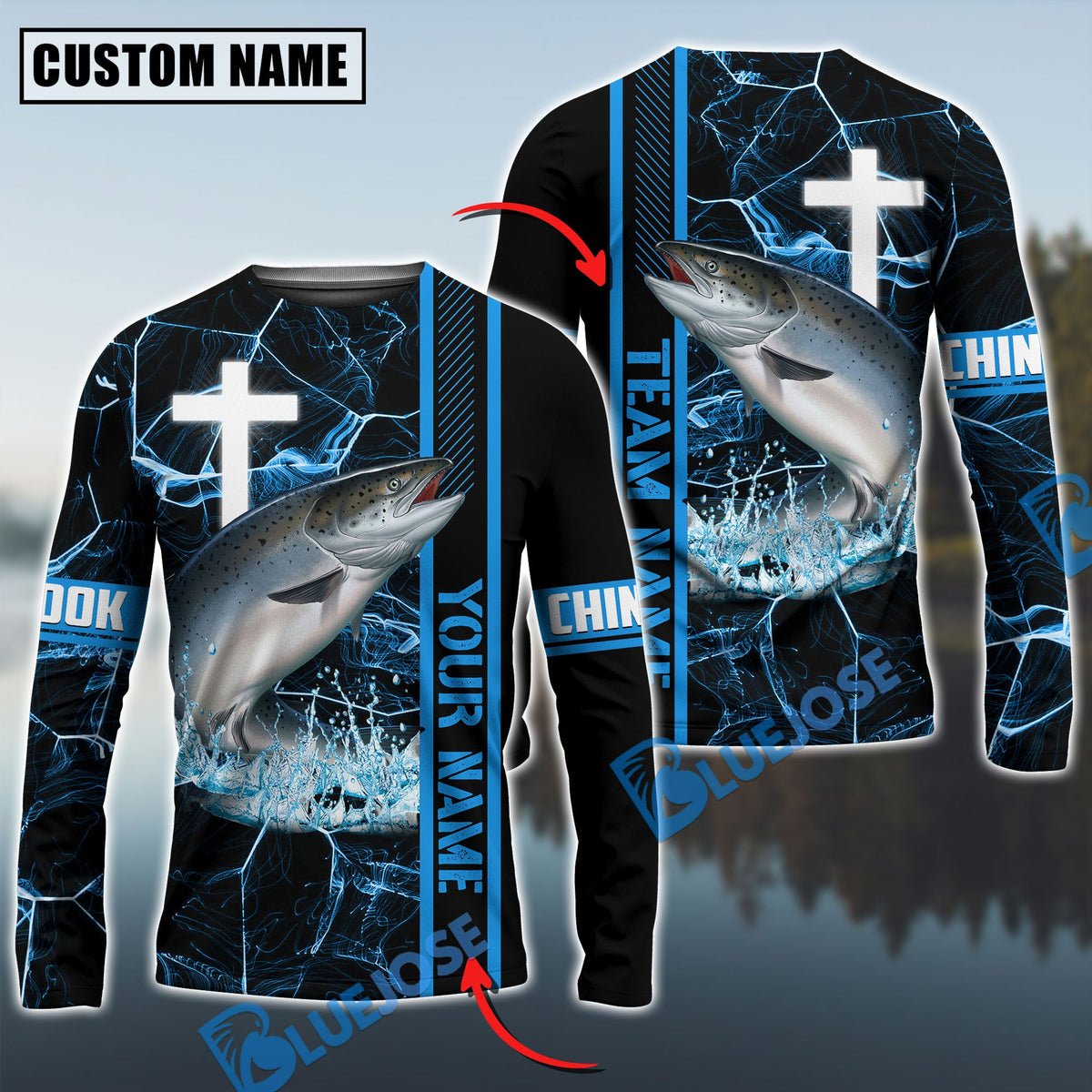 BlueJose Chinook Fishing Blue Cross Pattern Sun Protection Custom Name & Team Name 3D Shirts