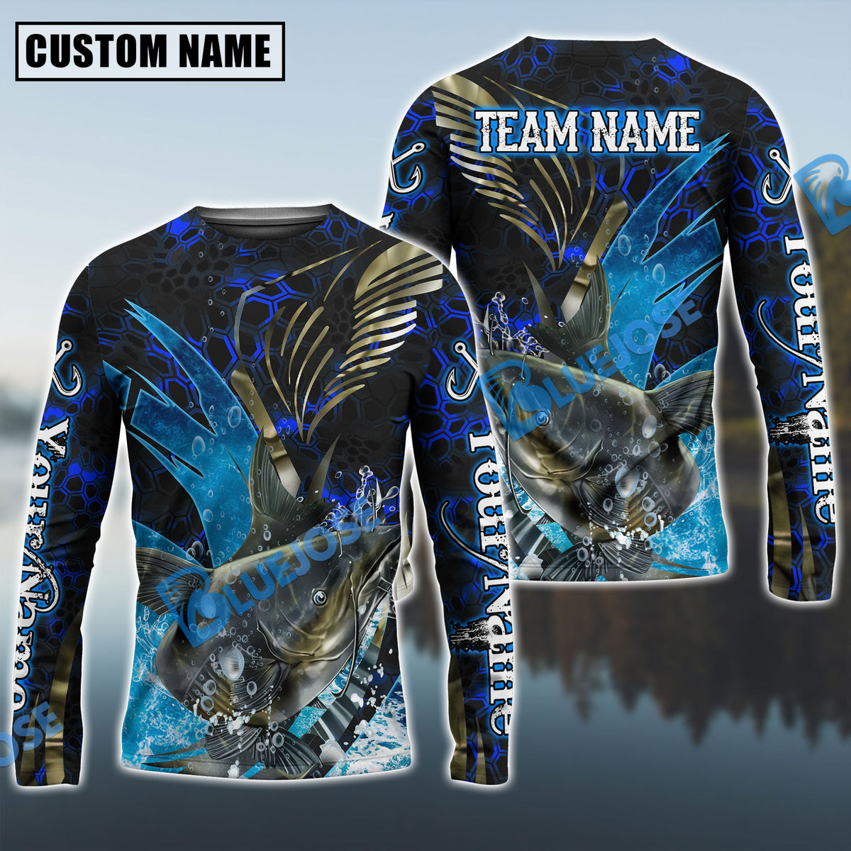 BlueJose Catfish Fishing Tailored Tides Pattern Custom Name & Team Name Shirts