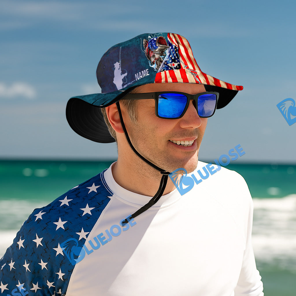 BlueJose Custom Name Bass Fishing Flag Print Bucket Fishing State Hat
