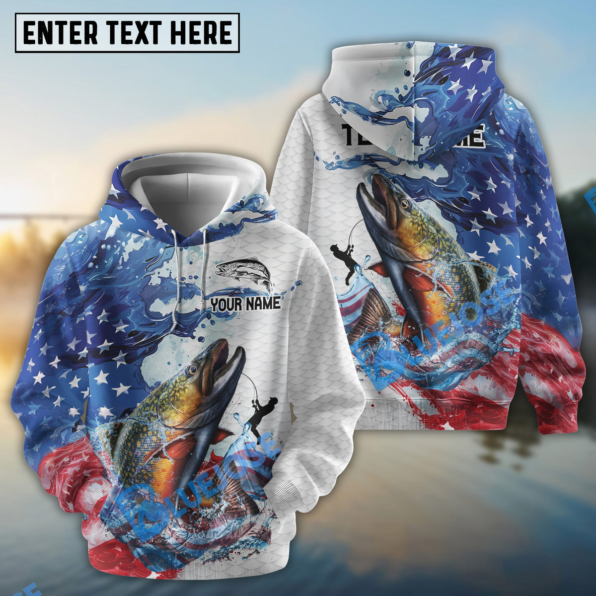 BlueJose Trout Fishing Patriotic American Flag Wave White Skin Custom Name & Team Name 3D Shirts