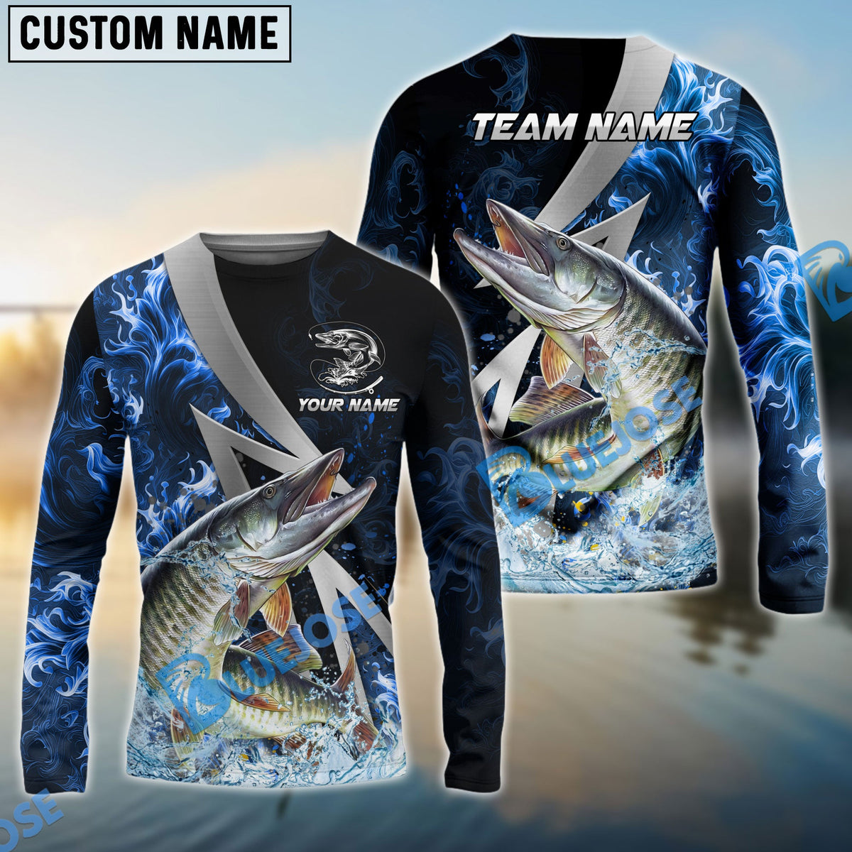 BlueJose Musky Fishing Blue Fire Splash Custom Name & Team Name 3D Shirts