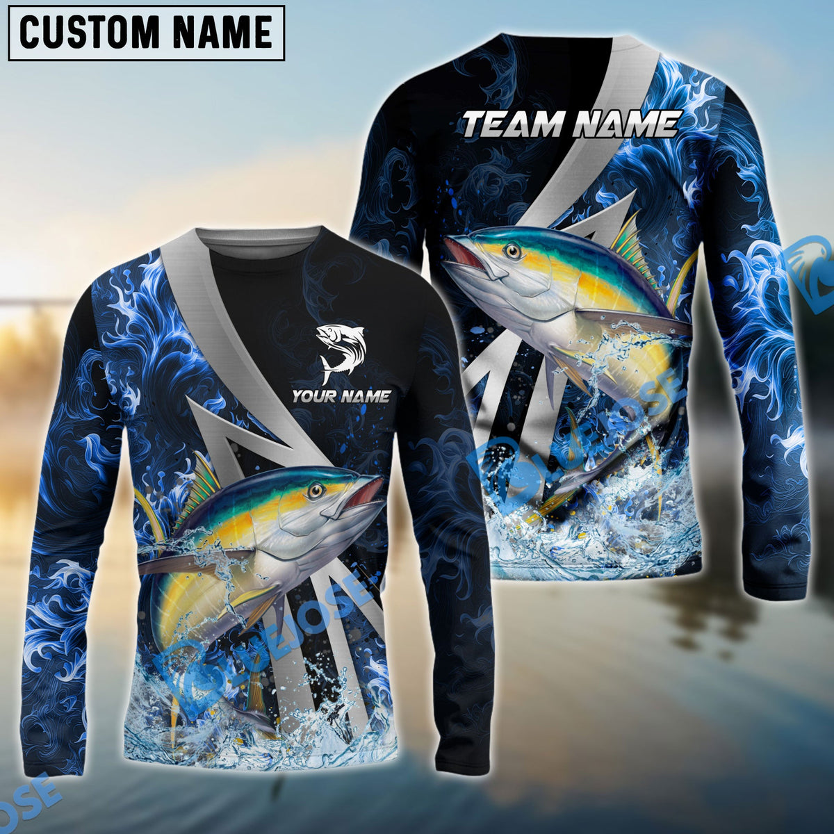BlueJose Tuna Fishing Blue Fire Splash Custom Name & Team Name 3D Shirts