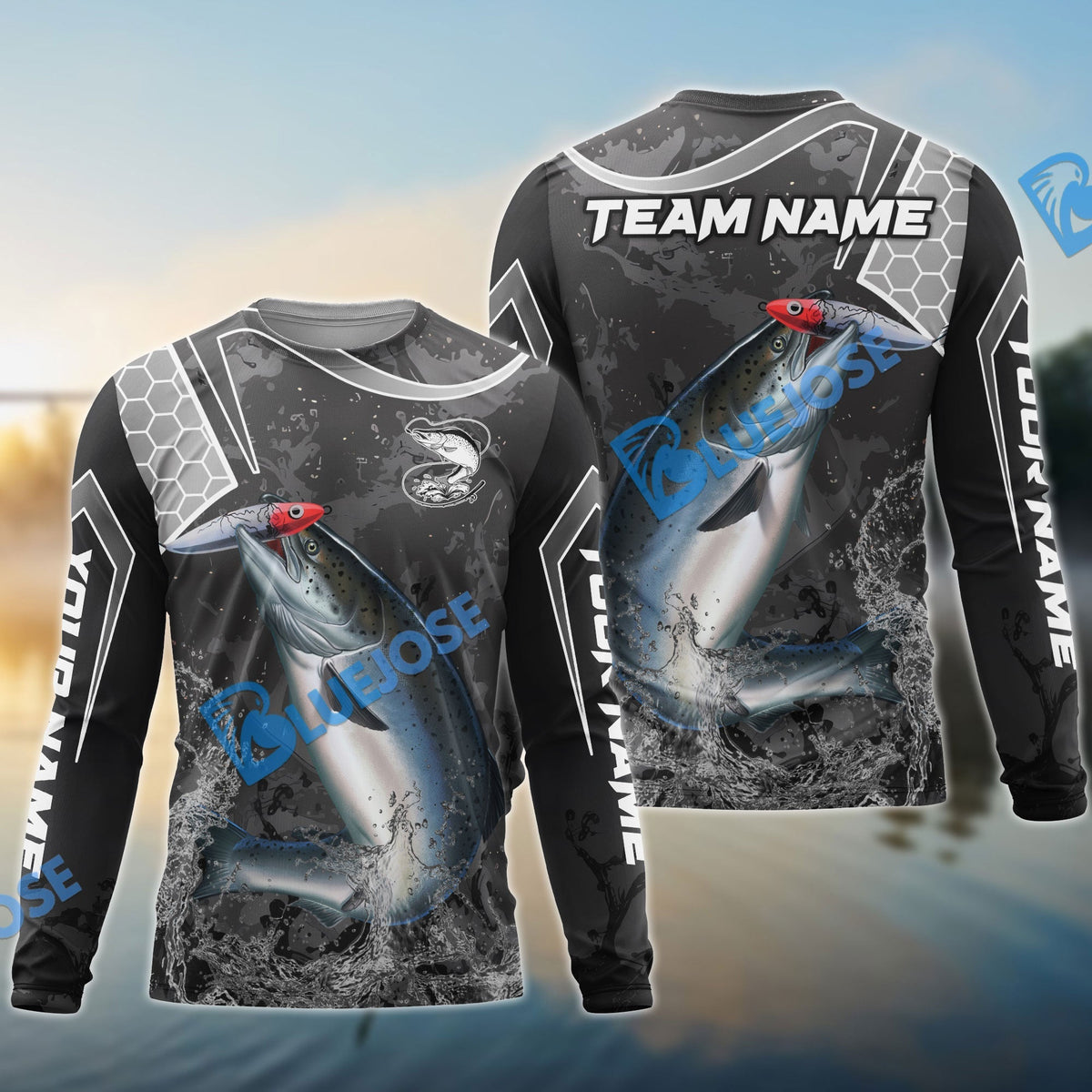 BlueJose Salmon Fishing Gray Camo Sport Custom Name & Team Name 3D Shirts
