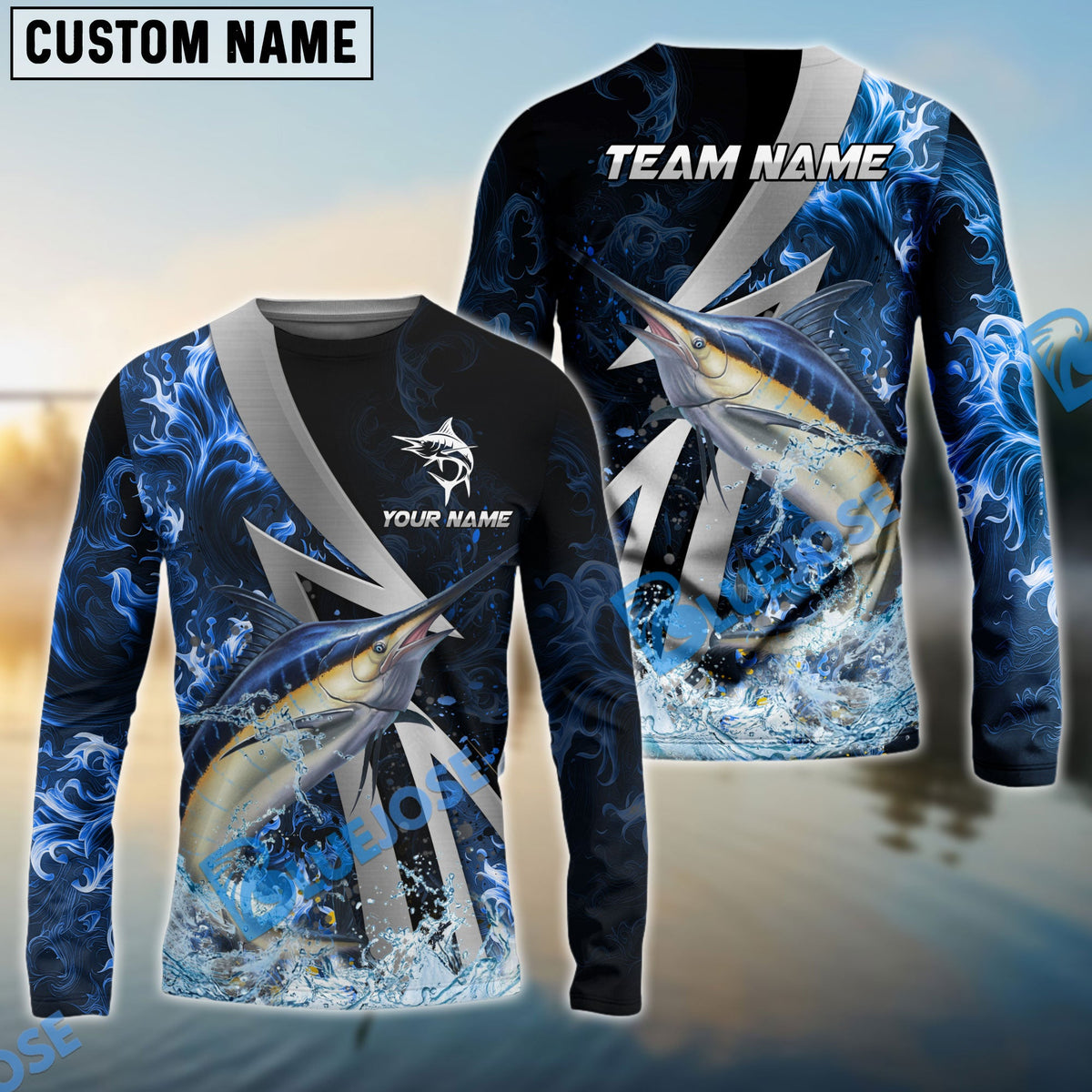 BlueJose Marlin Fishing Blue Fire Splash Custom Name & Team Name 3D Shirts