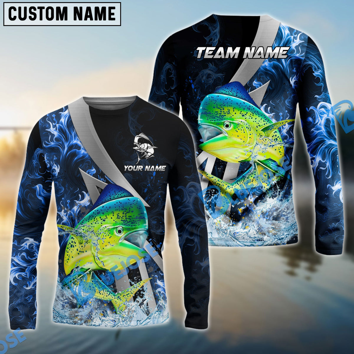 BlueJose Mahimahi Fishing Blue Fire Splash Custom Name & Team Name 3D Shirts
