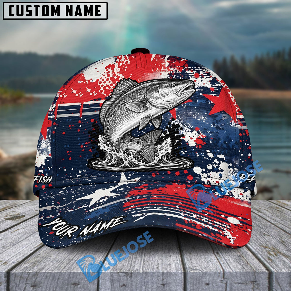 BlueJose Fishing Patriotic Grunge Splatter Personalized Cap (13 Breeds)