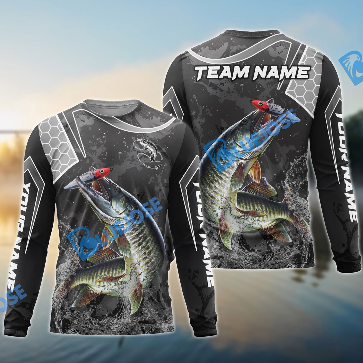 BlueJose Musky Fishing Gray Camo Sport Custom Name & Team Name 3D Shirts