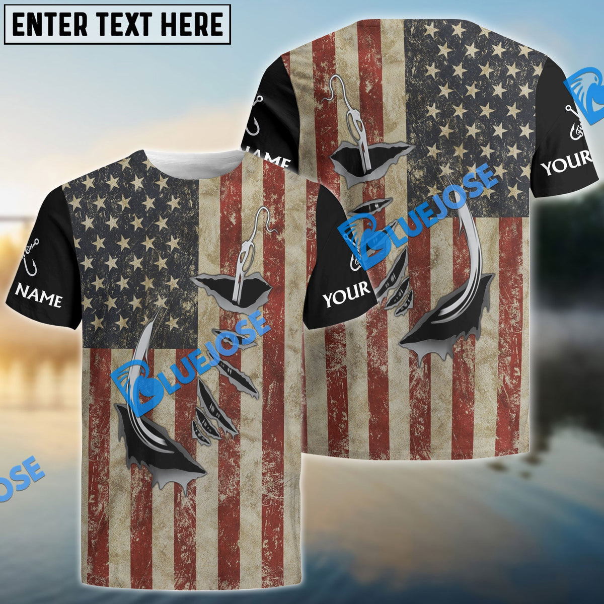 BlueJose Us Fishing 3D Fish Hook American Flag Patriotic Fish On   Quick Dry Customize Name Long Sleeves Shirts