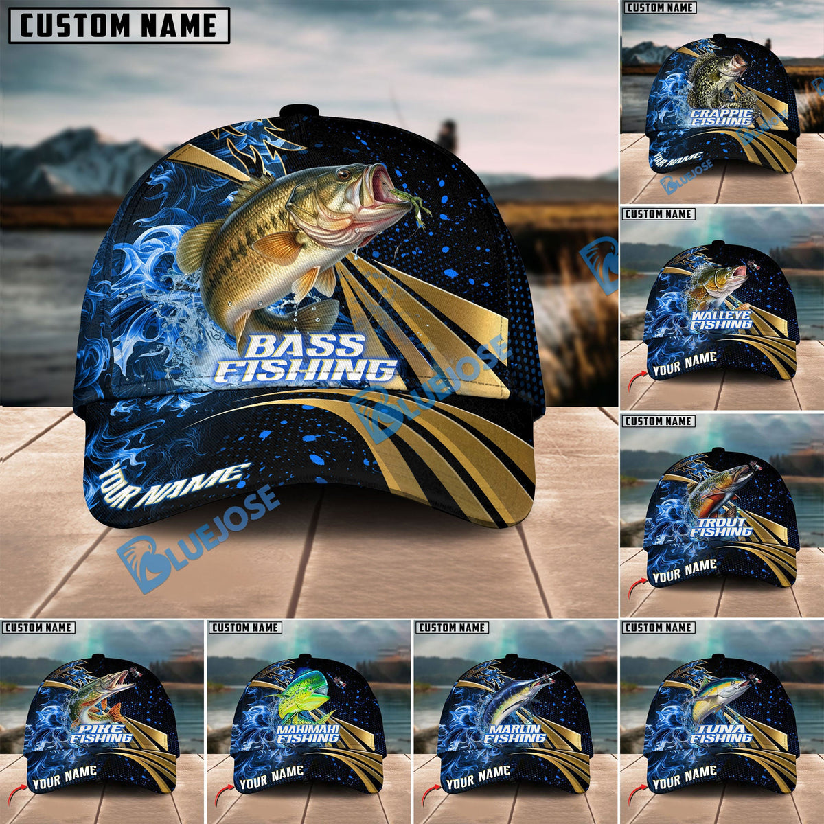 BlueJose Fishing Hooked Jump Splash Personalized Cap (13 Breeds)