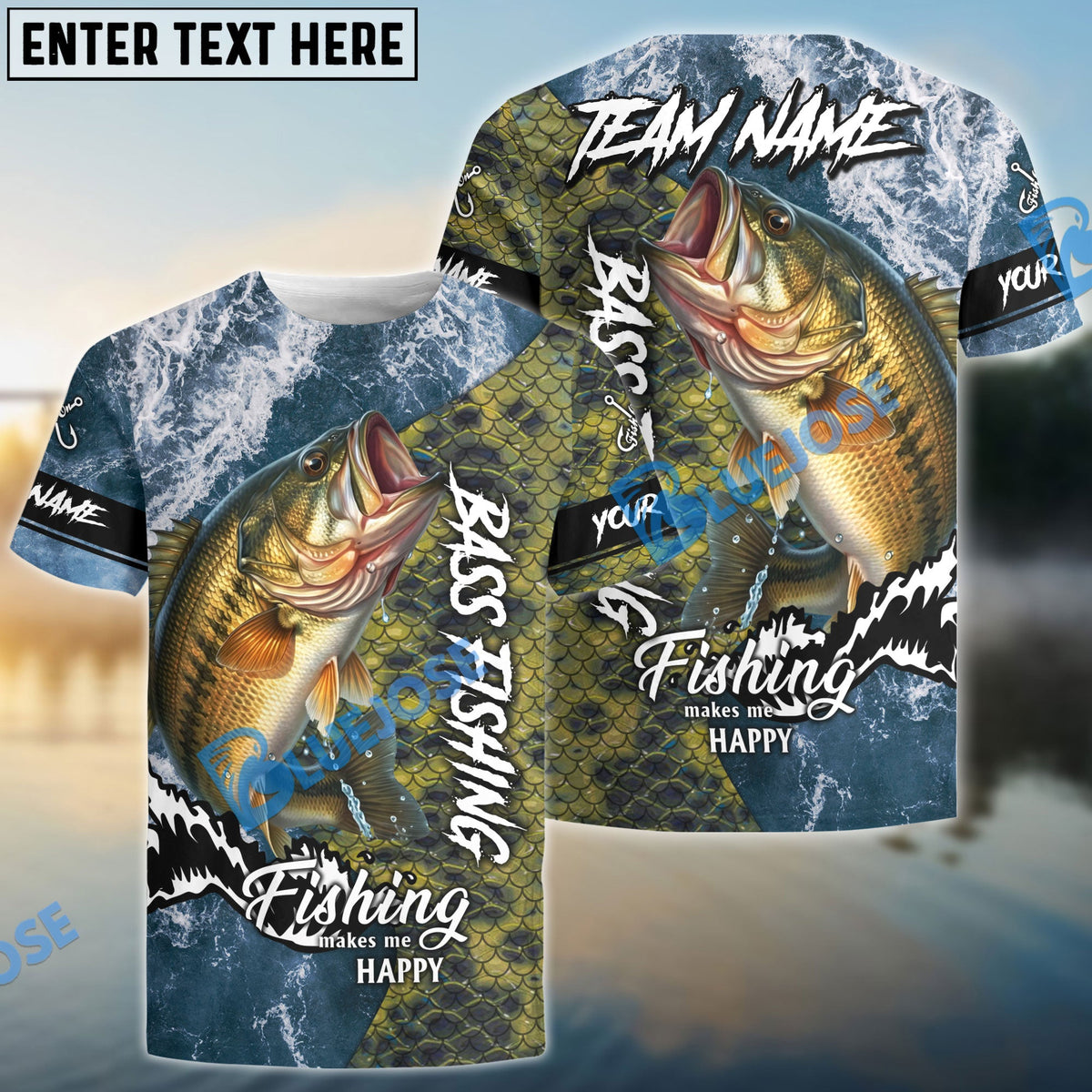 BlueJose Bass Fishing Skin Seawave Custom Name & Team Name 3D Shirts