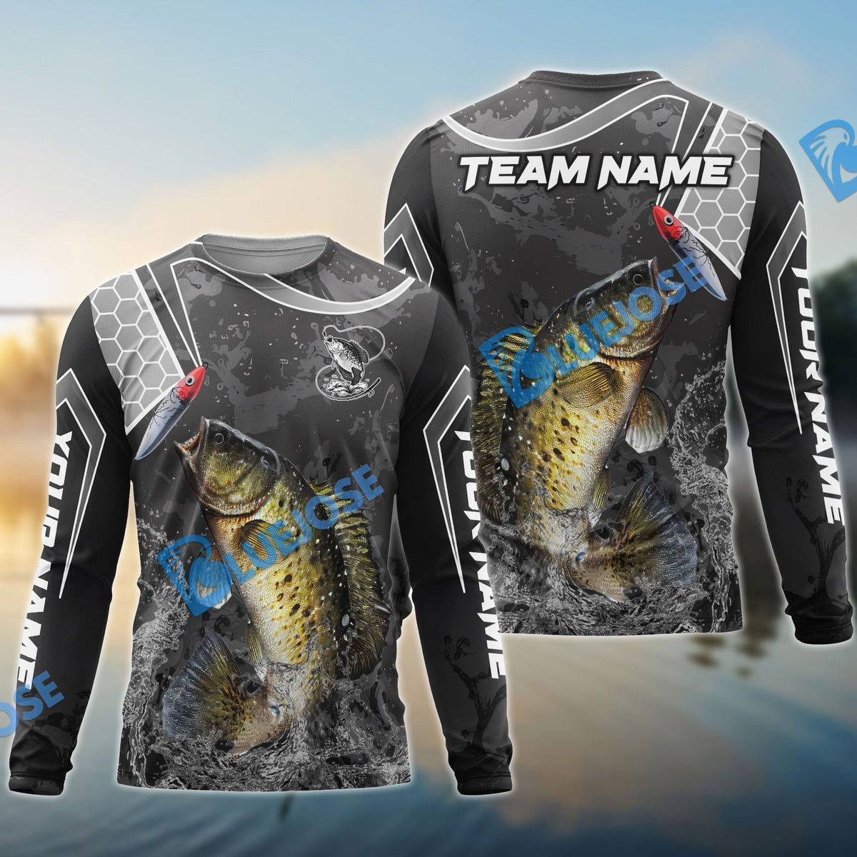 BlueJose Crappie Fishing Gray Camo Sport Custom Name & Team Name 3D Shirts