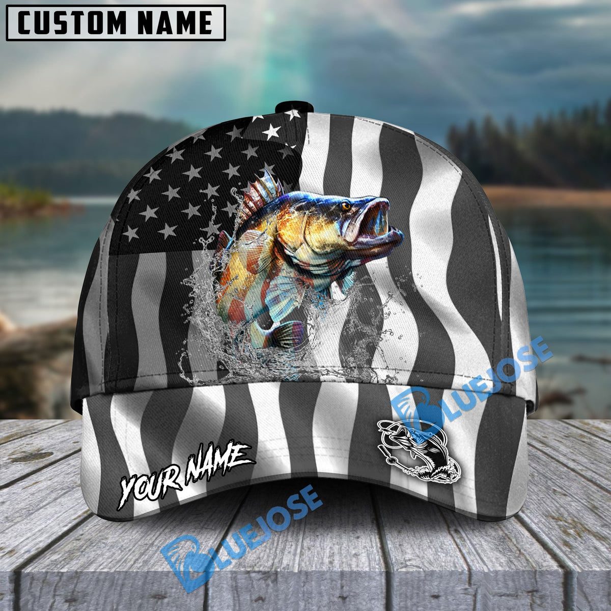 BlueJose Bass Fishing Black American Flag Sport Personalized Cap