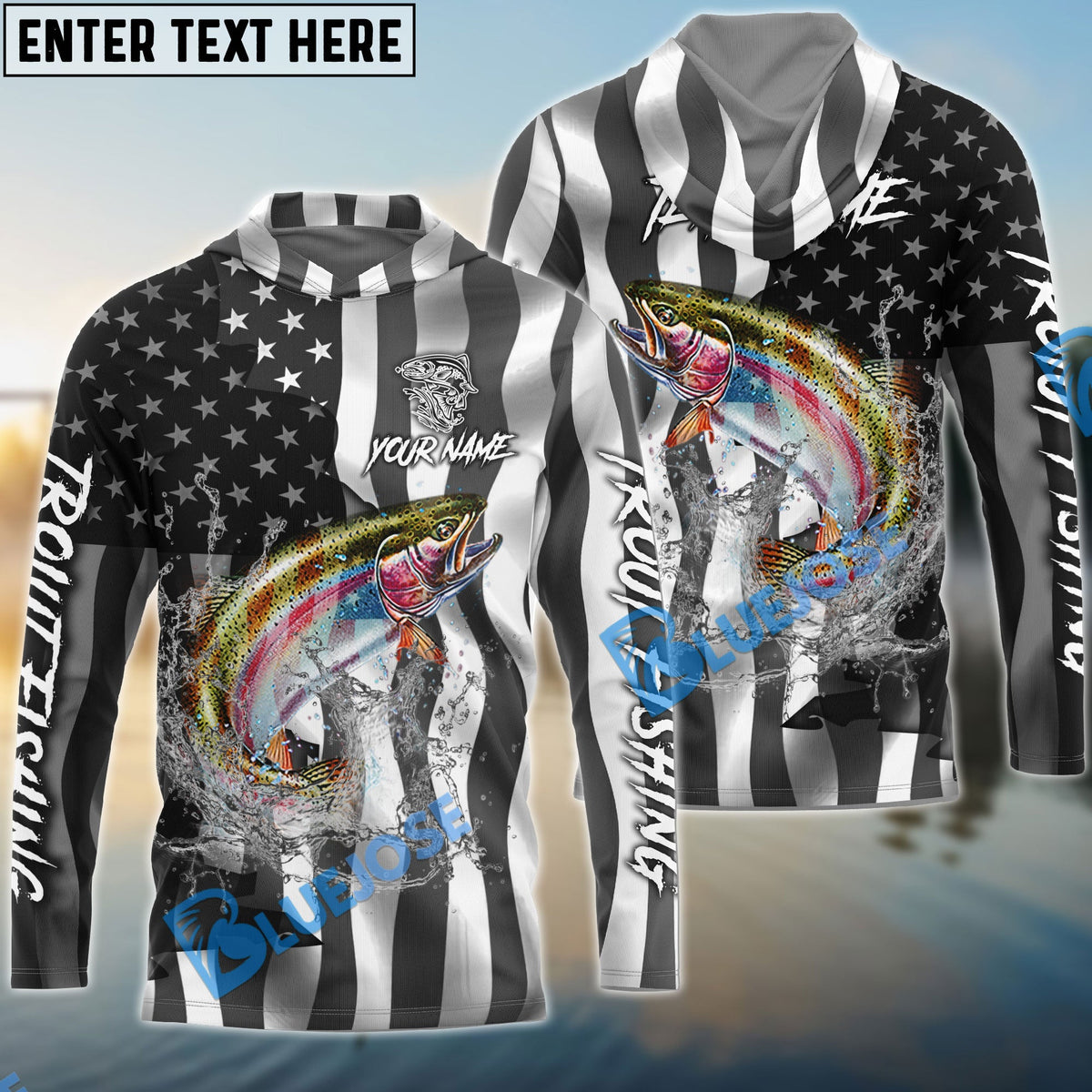 BlueJose Trout Fishing Black American Flag Sport Custom Name & Team Name 3D Shirts